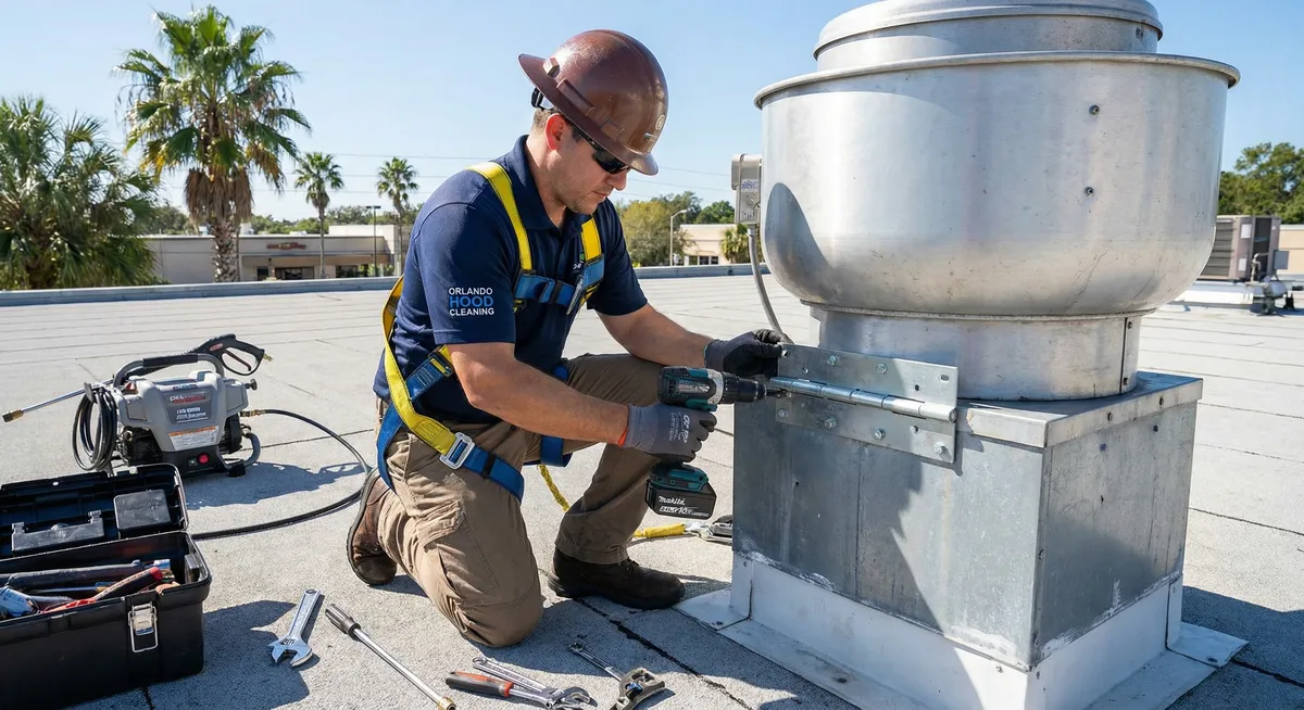 Hartford Hood Cleaning technician installing exhaust fan hinge kit