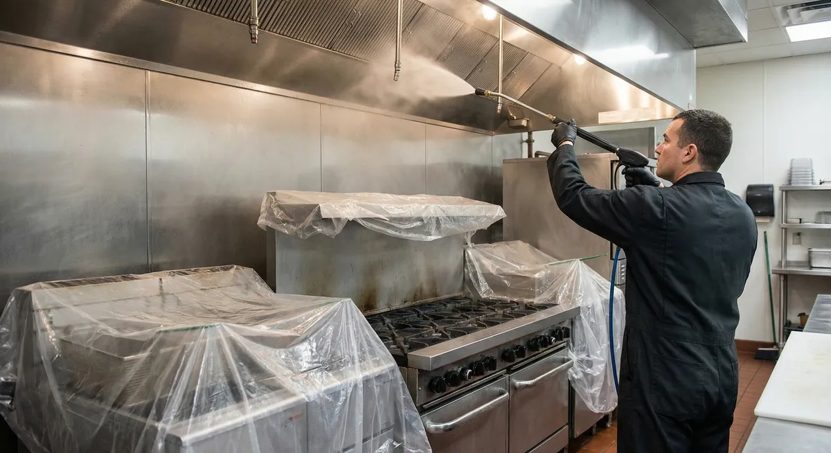 Restaurant hood cleaning technician servicing a Hartford commercial kitchen exhaust system